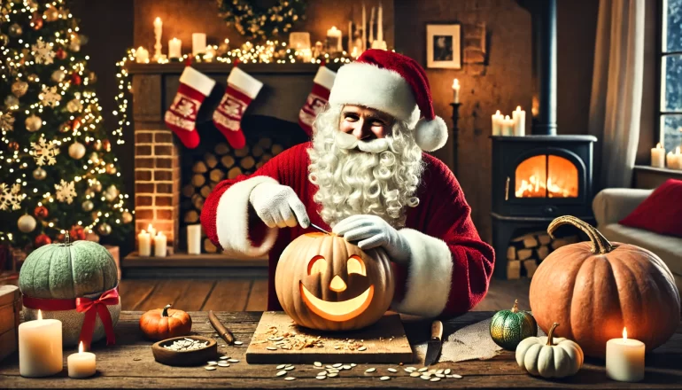 DALL·E 2024-10-17 15.33.53 - Santa Claus carving a happy pumpkin, seated at a wooden table with a cozy fireplace in the background. The room is warmly lit, with Christmas decorati