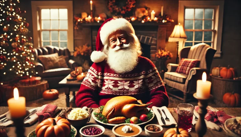 DALL·E 2024-11-07 12.59.35 - An older, wise Santa Claus seated alone at a cozy Thanksgiving dinner table, in a warm and festive landscape format. Santa appears with a gentle, aged